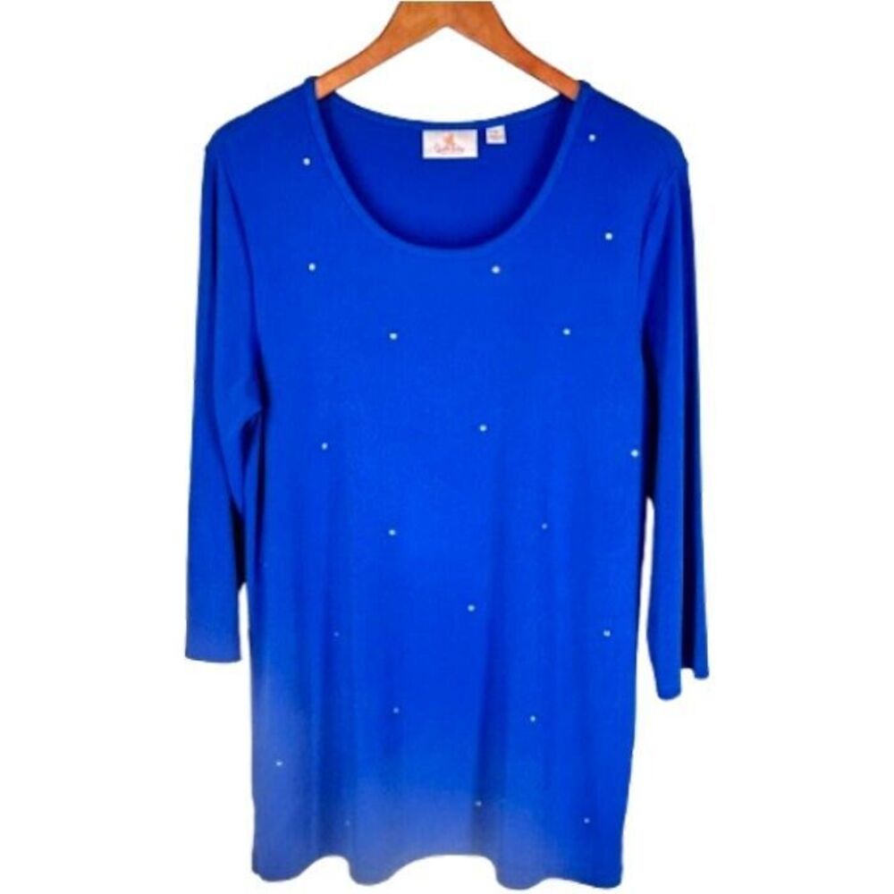 Quacker Factory Knit Tunic Top M Royal Blue with Rhinestones 3/4 Sleeve